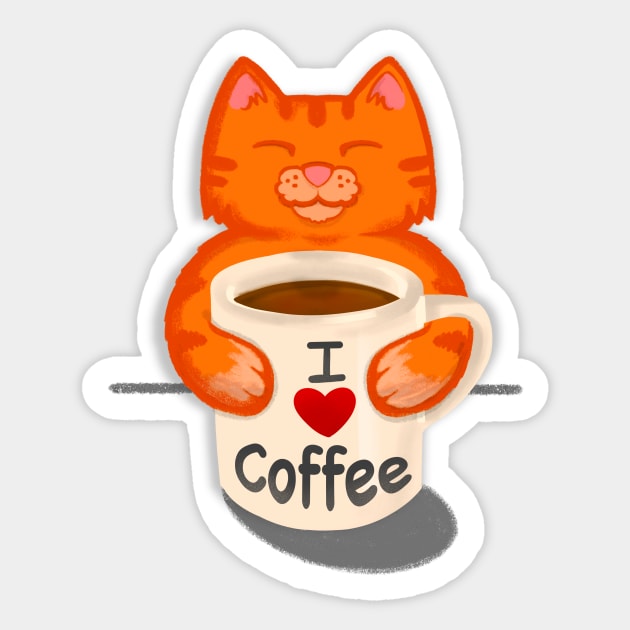 Cat Sipping Coffee I LOVE COFFEE Sticker by SusanaDesigns